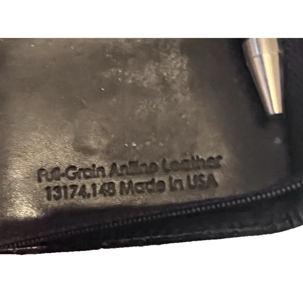 Vtg 90's FRANKLIN COVEY Classic Black Full-Grain Aniline Leather 6 Ring Zip